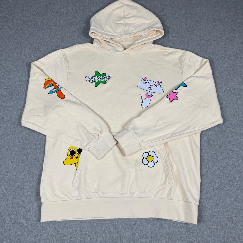 RIPNDIP Mens Cream Multi Graphic Lord Nermal Mushroom Hoodie Size XL